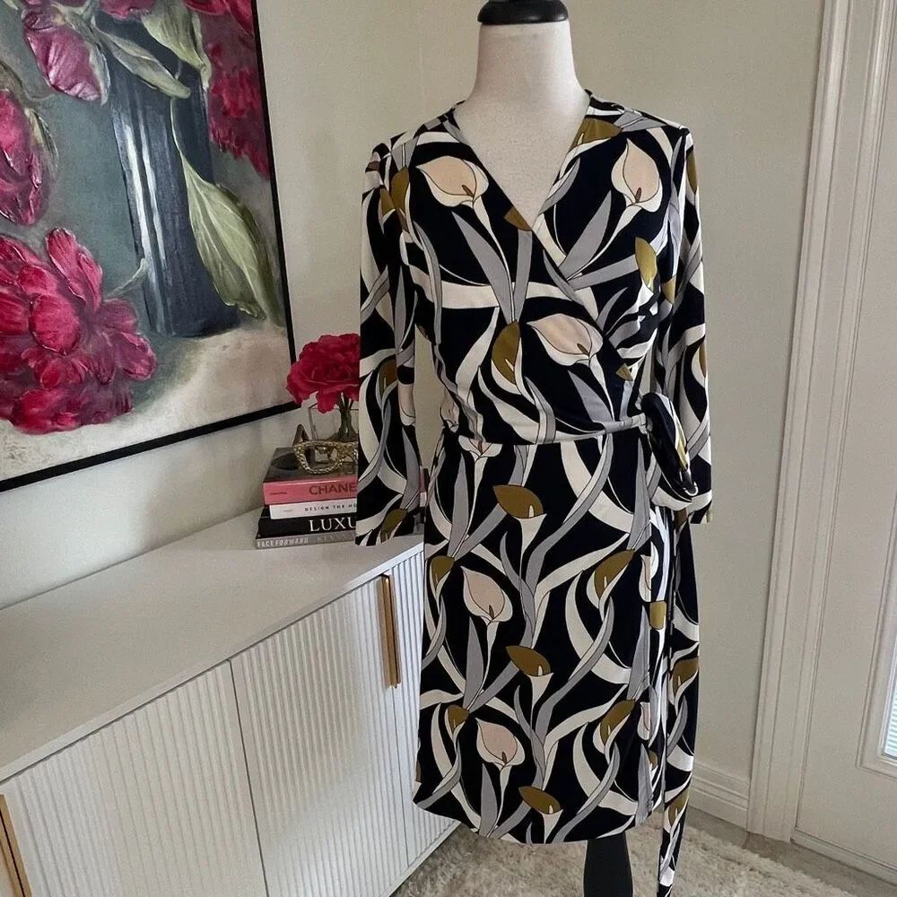 Ann Taylor Womens Calla Lily Floral Print Wrap Dress Black Combo Size 6